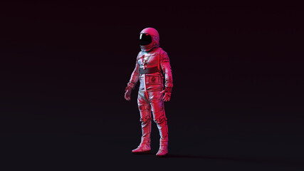 Wall Mural - astronaut with black visor and simple retro silver spacesuit with pink and white moody 80s lighting 