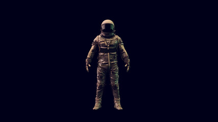 Wall Mural - astronaut with black visor and silver retro spacesuit with warm green white 80s lighting 3d illustra