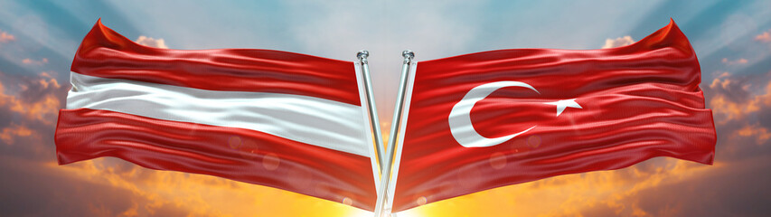 Double Flag Turkey vs Austria flag waving flag with texture sky clouds and sunset background