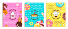 Set Of Banners For Cooking Classes And Courses.Kitchen Icons For Education In Food Studio With Sweets,cupcake, Chocolate,donut,candy,macaroon,cake For Advertise,web,posters,flyers.Vector Illustration