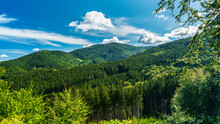 Germany, Schwarzwald, Green Tree Covered Mountains With Blue Sky In Summer In Untouched Nature Landscape Near Gschasikopf Peak