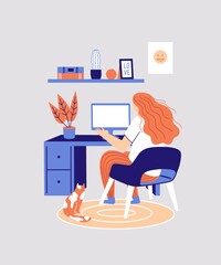 Home office workplace. Freelance woman working at house. Remote working, online study, education. Vector flat illustration