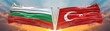 Double Flag Turkey vs Bulgaria flag waving flag with texture sky clouds and sunset background	