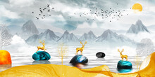 3d Modern Canvas Art Mural Wallpaper Landscape Lake Background . Golden Deer, Christmas Tree ,  Gray Mountain , Sun With Clouds And Birds . Suitable For Use As A Frame On Walls .