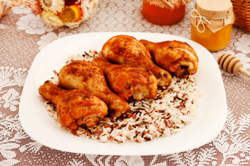 Wall Mural - Indian cuisine: roasted chicken with rice and vegetables.