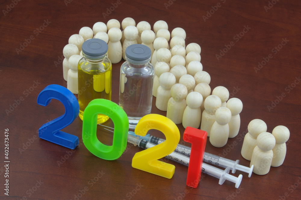 Questions about vaccination in 2021 concept. People (wooden figures) shaped as question mark, vaccine bottles, syringes and numbers 2021. - obrazy, fototapety, plakaty 