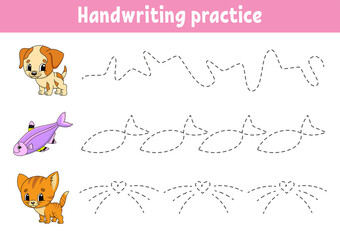 Wall Mural - Handwriting pactice. Education developing worksheet. Activity page. Color game for children. Isolated vector illustration. Cartoon character.