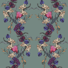 Canvas Print - Flowers and leaves in vintage style, seamless pattern.	