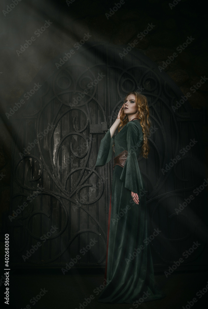 Beautiful young blonde girl in the medieval green dress. The queen ...