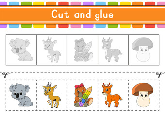 Wall Mural - Cut and play. Paper game with glue. Flash cards. Education worksheet. Activity page. Scissors practice. Isolated vector illustration. Cartoon style.