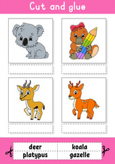 Wall Mural - Cut and glue. Game for kids. Learn English words. Education developing worksheet. Color activity page. Cartoon character.