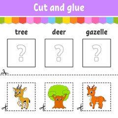 Wall Mural - Cut and glue. Game for kids. Learn English words. Education developing worksheet. Color activity page. Cartoon character.