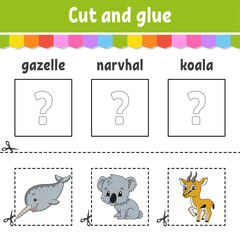 Wall Mural - Cut and glue. Game for kids. Learn English words. Education developing worksheet. Color activity page. Cartoon character.