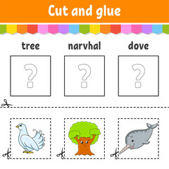 Wall Mural - Cut and glue. Game for kids. Learn English words. Education developing worksheet. Color activity page. Cartoon character.