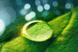 Fototapeta Łazienka - Beauty transparent drop of water on a green leaf macro with sun glare. Beautiful artistic image of environment nature in spring or summer.
