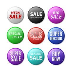 Wall Mural - Round sale badges. 3D promotional brooches. Collection of colorful circle tags with white lettering. Isolated advertising labels. Special offer or discount signs. Glossy surface with text, vector set