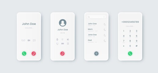Aufkleber - Phone call UI. Incoming touchscreen interface mockup with dial. Communication smartphone application display design with phone book and numbers or buttons. Modern mobile screens templates, vector set