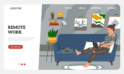 Wall Mural - Freelance landing page. Cartoon young woman in casual clothes with laptop working comfortably from home, remote online employee. Website interface with buttons. Modern UI design, vector wed mockup