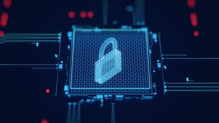 Cyber security animation. Digital information protection. Data processing. Microchip, circuit concept. Lock icon. Digitalization, computer technology, Artificial Intelligence (AI). 3D Render. 4K clip