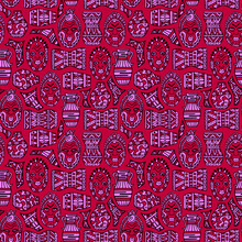 African Seamless Pattern With Ritual Masks, Ethnic Vases, Jugs, Tribal Drums And Other Utensils. Background For Souvenir Shops