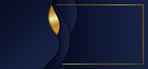Wall Mural - Abstract blue gradient color wave shape with gold stripes and frame overlap layers on dark blue background