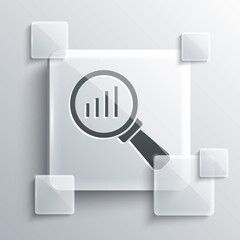 Wall Mural - Grey Magnifying glass and data analysis icon isolated on grey background. Square glass panels. Vector.