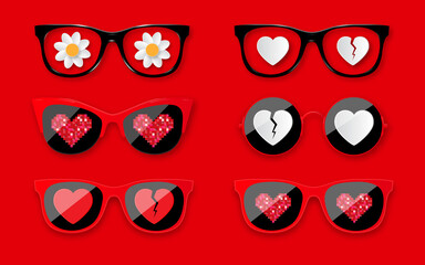 Poster - Happy Valentines Day. Set sunglasses with hearts. Fashionable glasses for Valentine's Day holiday design.