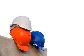 White, Orange and Yellow Hard hat safety Helmet isolated on white background.