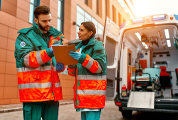 Two paramedics in uniforms have a discussion while standing in front of a clinic and a modern ambulance.