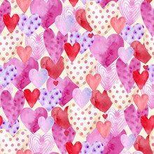 Seamless Pattern With Multicolored Hearts, Watercolor Illustration Hand Painted On White Background