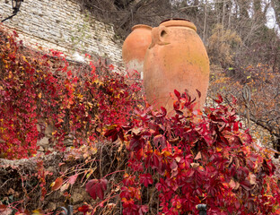 Two big ceramic pots in the autumn botanical garden. Plants with red leaves around.