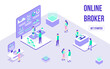 © passionart - Broker online, forex trading horizontal banner. composition of trade stall in expo center with clients, stuff looking at stand with graphs. 3D isometric vector for landing page, flyer