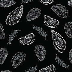 Wall Mural - Oysters shells food sea chalk vector seamless pattern on dark background. Concept for menu, cards, wallpaper