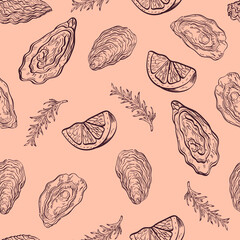 Wall Mural - Oysters shells food sea vector seamless pattern on pink background. Concept for menu, cards, wallpaper