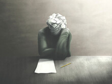 Illustration Of Man Without Ideas, Creativity Problem And Solution, Surreal Concept
