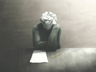 illustration of man without ideas, creativity problem and solution, surreal concept