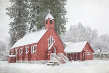 Original Winter Photograph Of An Old Red Country Church In The Snow With Giant Pine Trees