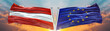Double Flag European Union vs Austria flag waving flag with texture sky clouds and sunset background