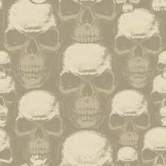 Wall Mural - Seamless pattern with human skulls. Vector background with hand-drawn skulls. Graphic print for apparel, fabric, wallpaper, wrapping paper, design element for halloween party