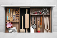 Drawer With Utensil Set, Top View. Order In Kitchen
