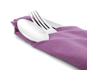 Clean cutlery with napkin isolated on white