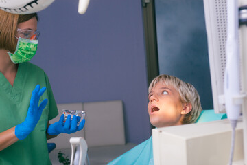 Wall Mural - A female dentist is showing a prosthetic jaw to her patient