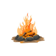 Firewood With Stones And Logs, Hunting Or Camping Campfire Icon Isolated Vector Fire