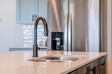 Wall Mural - Curved black faucet of a stainless steel double basin sink against refrigerator