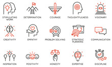 Vector Set Of Linear Icons Related To Leadership Traits, Qualities For Success. Development And Teamwork. Mono Line Pictograms And Infographics Design Elements - Part 2