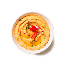 Roasted Red Pepper Hummus Isolated On White Background.