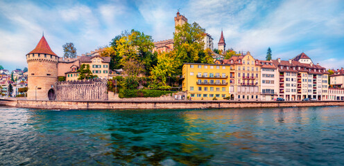 Panoramic autumn cityscape of Lucerne. Beautiful outdoor view of Switzerland, Europe. Architectural background. Landscape photography.