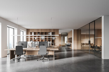 white and wooden open space office