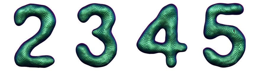 Wall Mural - Number set 2, 3, 4, 5 made of realistic 3d render green color. Collection of natural snake skin texture style symbol