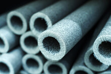 Foamed Polyethylene Insulation Material For Sanitary Pipes. Trade In Building Materials In A Store. Close-up